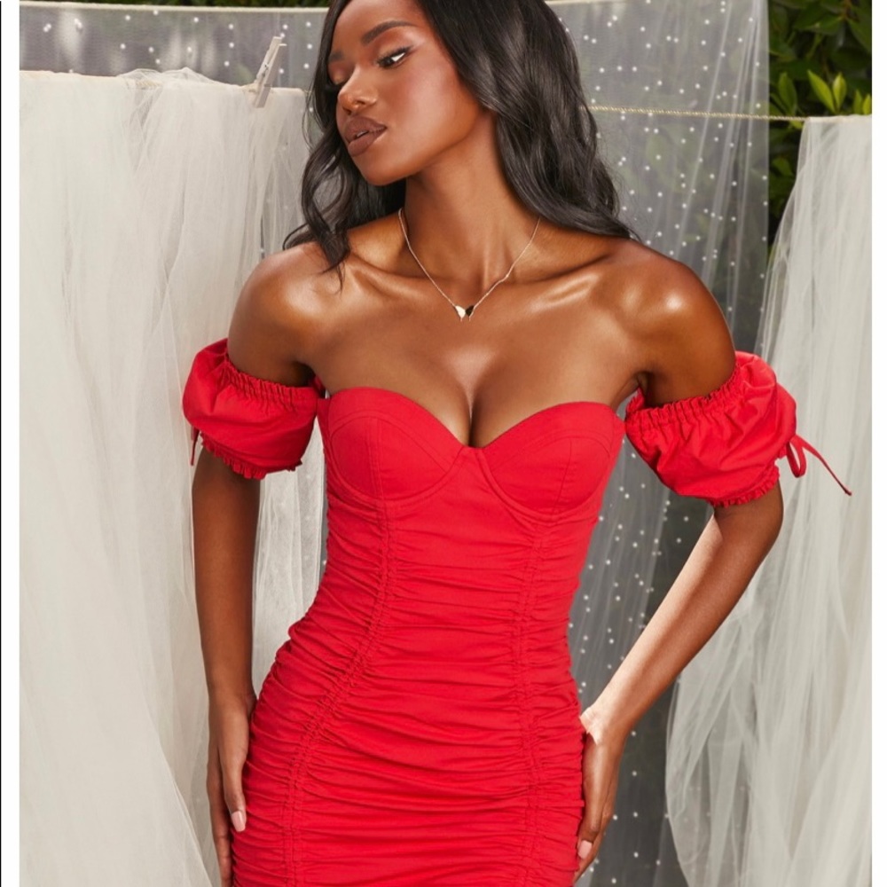 Oh Polly All Dressed Up Bardot Rushed Mini Dress
